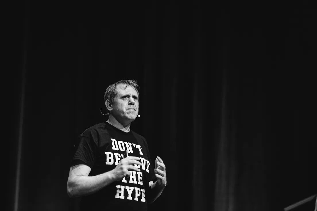 Tobias Modig speaking on stage at a developer conference